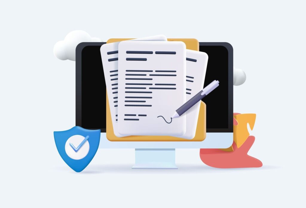 3D illustration of signed contract documents on a computer screen with a security shield and pen, representing digital contract management and e-signature compliance