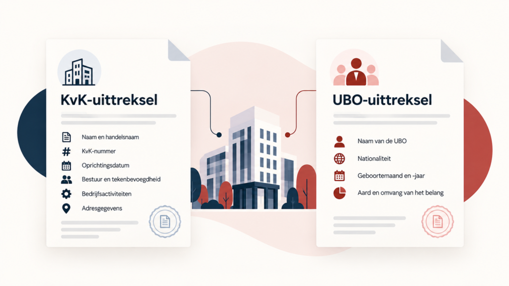 Vergelijking van een KvK-uittreksel en een UBO-uittreksel: het KvK-uittreksel toont bedrijfsgegevens, het UBO-uittreksel de uiteindelijke belanghebbenden.